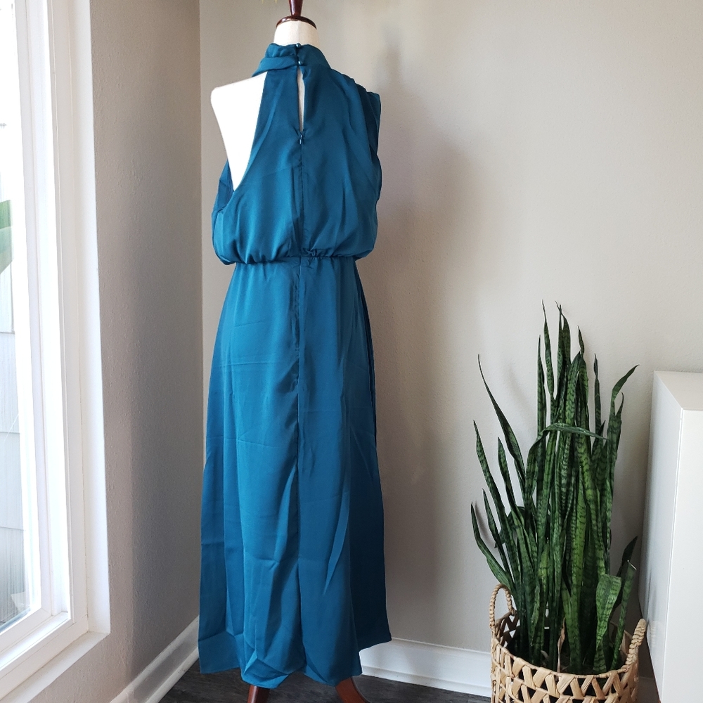 Draped Satin Asymmetric High Neck Sleeveless Midi Dress - Picture 4 of 12
